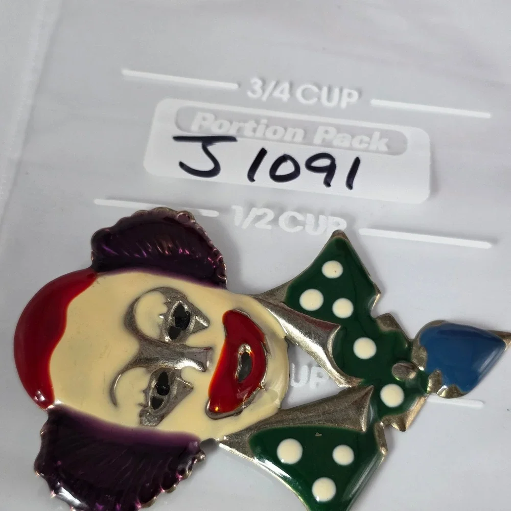 Vintage Style Enamel Clown Brooch Multi-Color Polka Dot Circus Performer Pin